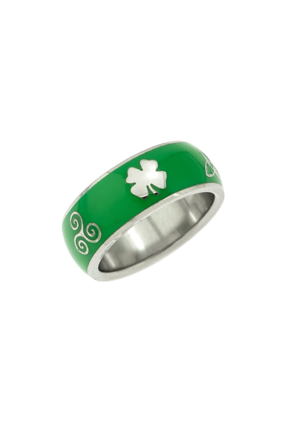 Stainless Steel Green Enamel Shamrock & Trinity Knot Irish Ring size 5