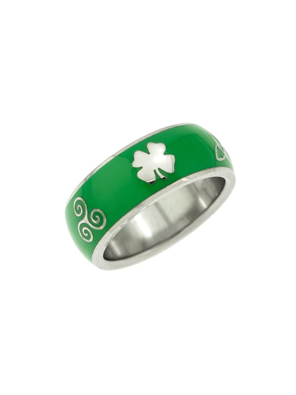 Stainless Steel Green Enamel Shamrock & Trinity Knot Irish Ring size 5