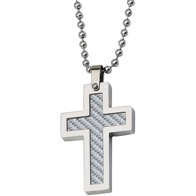 Stainless Steel Grey Carbon Fiber Cross Necklace, 22
