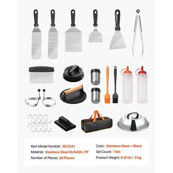 Stainless Steel Griddle Tool Set, 28 PCS with Spatula, Burger Press, Scraper & Squeegee for Flat Top Grill BBQ Cooking