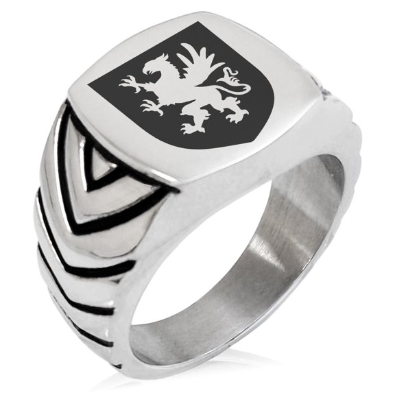 Tioneer Stainless Steel Griffin Valor Coat of Arms Shield Chevron Pattern Biker Style Polished Ring