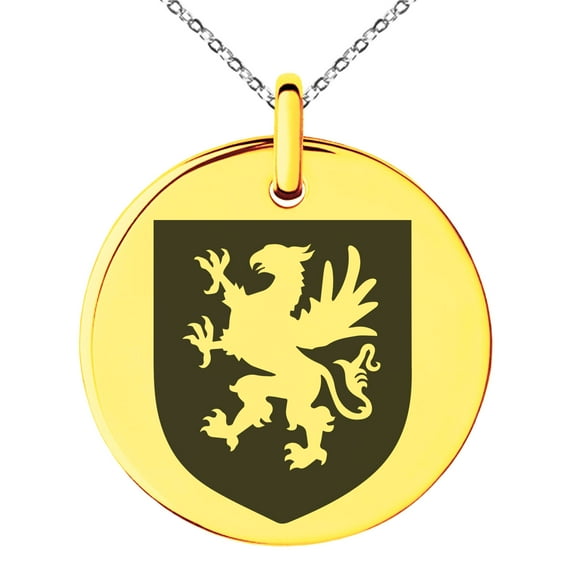Stainless Steel Griffin Valor Coat of Arms Shield Engraved Small Medallion Circle Charm Pendant Necklace