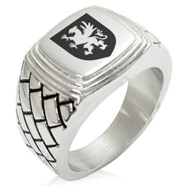 Tioneer Stainless Steel Griffin Valor Coat of Arms Shield Geometric Pattern Step-Down Biker Style Polished Ring