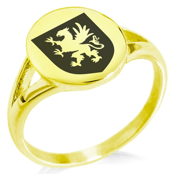 Stainless Steel Griffin Valor Coat of Arms Shield Minimalist Oval Top Polished Statement Signet Ring
