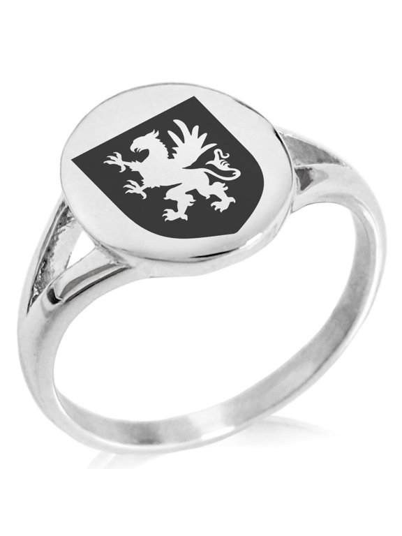 Stainless Steel Griffin Valor Coat of Arms Shield Minimalist Oval Top Polished Statement Signet Ring