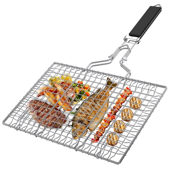 Stainless Steel Grill Basket with Easy Open/Close Lid Portable BBQ Grill Basket with Foldable Handle Large Capacity Grilling Basket Multifunctional Barbecue Basket Durable for Outdoor BBQ Camping