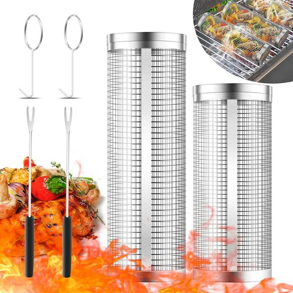 Stainless Steel Grill Baskets, 2Pcs (12Inches & 8Inches), BBQ Grill Accessories with 2 Forks & 2 Hooks, Silver