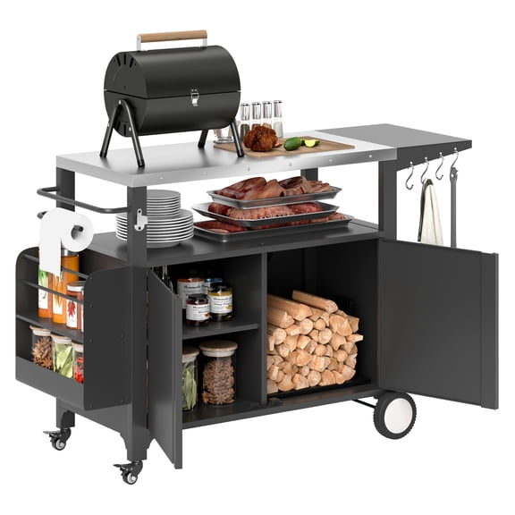 Stainless Steel Grill Cart Table with Foldable Side Table & Wheels, Outdoor Pizza Oven Prep Station, Movable BBQ Kitchen Island, Black & Silver