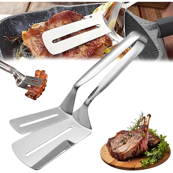Stainless Steel Grill Clamp, 10 Inch Double-Sided Anti-Scald Extended Handle Multifunctional Slotted Food Flip Shovel Clip for Flipping Steak, Fish, Bread, Pizza & BBQ Cooking