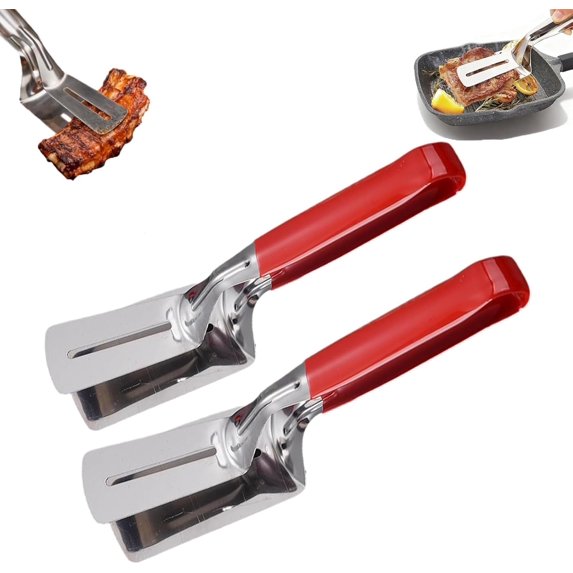 Stainless Steel Grill Clamp, 2026 Upgraded Anti-Scald Extended Handle Spatula Tongs, 10 Inch Multifunctional Food Flip Shovel Clip with Non-Slip Grip, Heavy-Duty Slotted Double Spatula (2 Pcs Red)