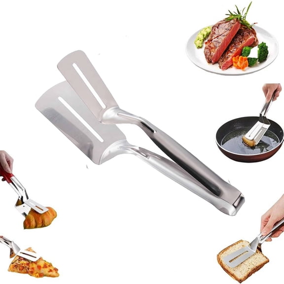 Stainless Steel Grill Clamp,Anti-Scald Extended Handle Spatula Tong,Multifunctional Barbecue Clamp,Double-Sided Design,Versatile Kitchen Tool for Flipping Steak Fish Bread BBQ