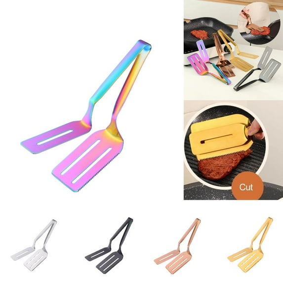 Stainless Steel Grill Clamp Spatula, 10" Double-Sided Spatula Tongs with Serrated Edge, Push Pull Sliding Buckle, Anti-Scald Handle for Grilling Camping Kitchen,Multicolor