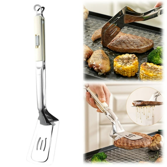 Stainless Steel Grill Clamp, Stainless Steel Grill Clamp Spatula, Double Spatula Flipper, Anti-Scald Extended Handle Spatula Tongs, Food Flip Shovel Clamp for Flipping Steak, Fish, Bread, Pizza