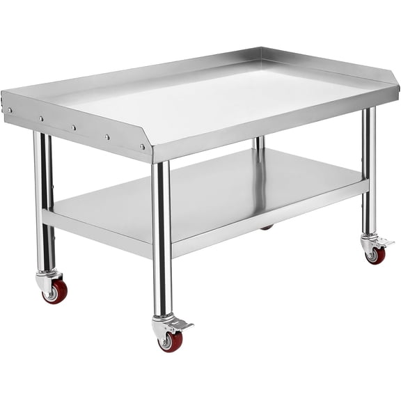 Stainless Steel Grill Stand Table - 36 x 30 x 24 Inch Equipment Workstation with Edge Baffle Adjustable Legs and Dual Shelves
