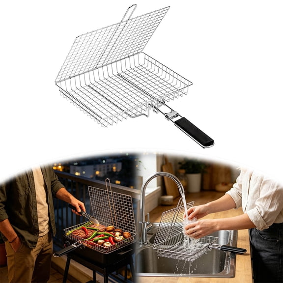 Stainless Steel Grilling Basket Lockable Bbq Grill Rack With Handle Foldable Barbecue Food Holder For Home Outdoor Camping Cooking(Silver-46X32Cm)