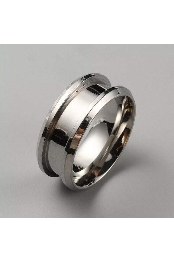 Stainless Steel Silver Grooved Finger Ring Settings Ring Core Blank Inlay 8mm Size 7 R49