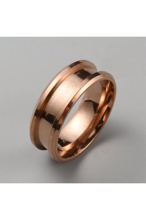 Stainless Steel Grooved Inlay Ring Blank Rose Gold Tone 8mm R49