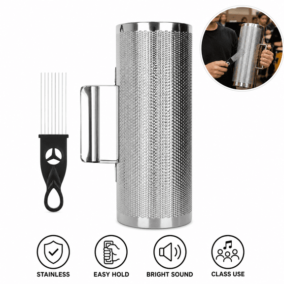Stainless Steel Guiro Instrument 8" x 3" Metal Percussion Shaker with Scraper for Live Performance Band Accompaniment Music Class