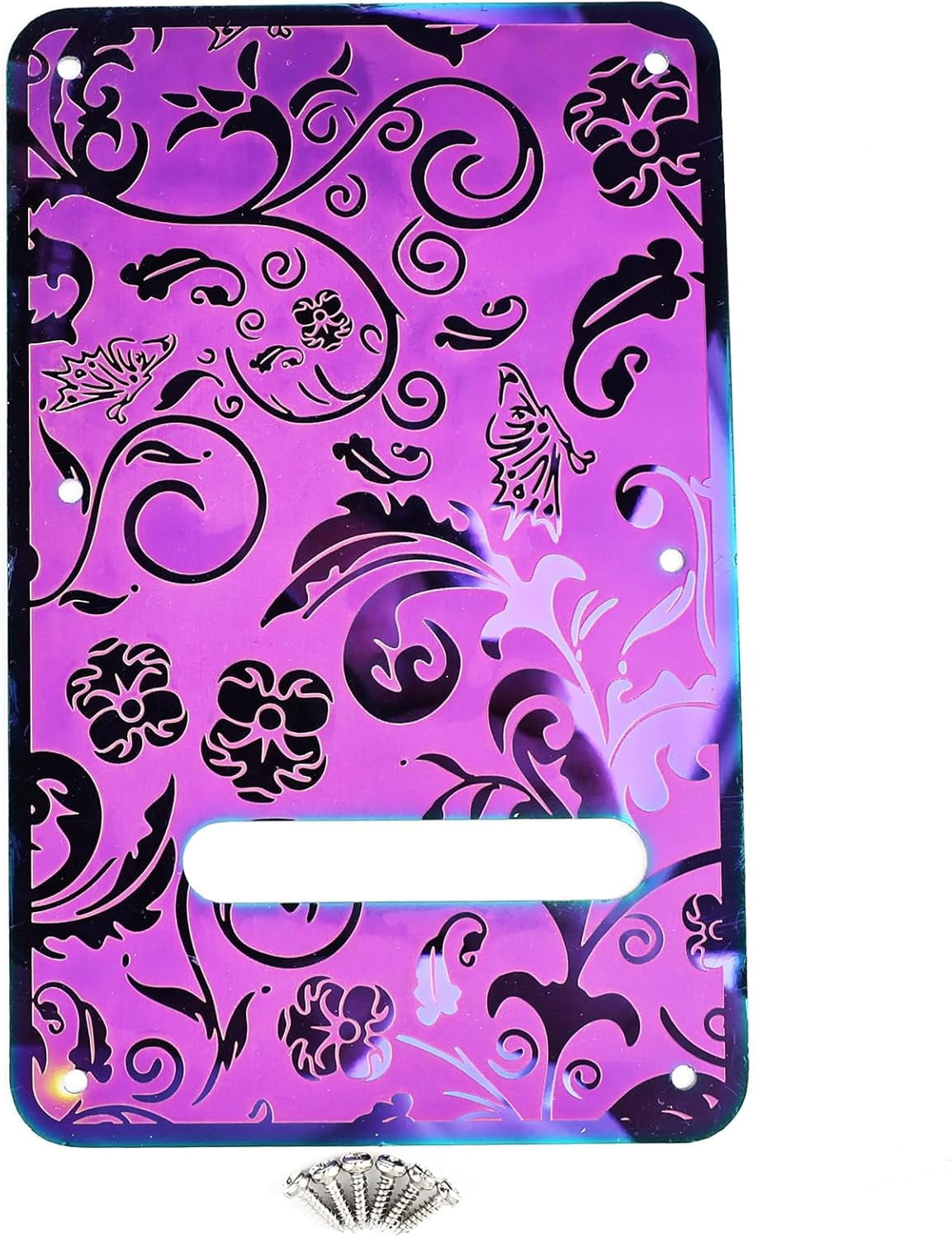 Stainless Steel Guitar Back Plate 6 holes Engraved Metal Trem Tremolo Cover Electric Guitar Back Cover Plate Compatible with USA/Mexican Standard FD Strat ST Replacement Parts (Purple)