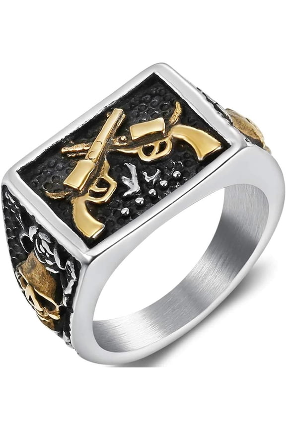 Stainless Steel Gun Military Milita Army Western Cowboy Signet Style Biker Ring