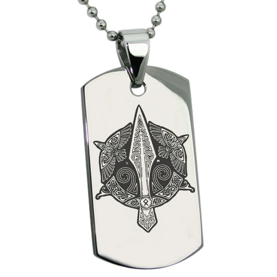 Stainless Steel Gungnir Odin's Spear Viking Norse Engraved Dog Tag Pendant Necklace