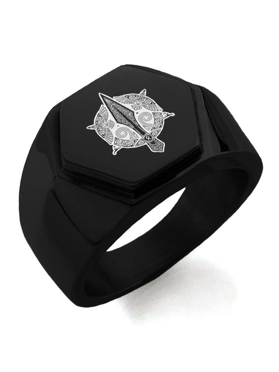 Stainless Steel Gungnir Odin's Spear Viking Norse Engraved Hexagon Crest Flat Top Biker Style Polished Ring