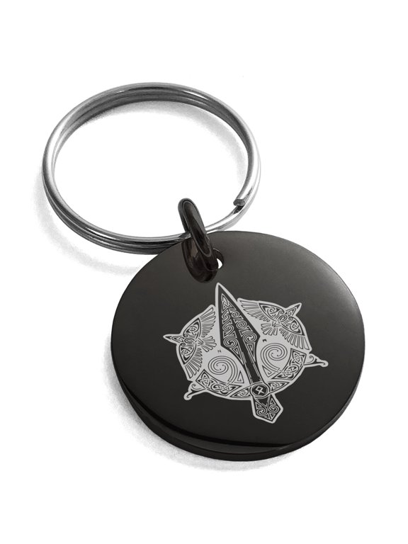 Stainless Steel Gungnir Odin's Spear Viking Norse Engraved Small Medallion Circle Charm Keychain Keyring