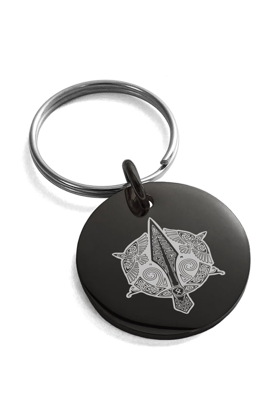 Stainless Steel Gungnir Odin's Spear Viking Norse Engraved Small Medallion Circle Charm Keychain Keyring