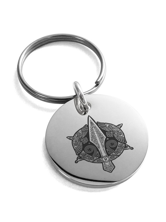 Stainless Steel Gungnir Odin's Spear Viking Norse Engraved Small Medallion Circle Charm Keychain Keyring