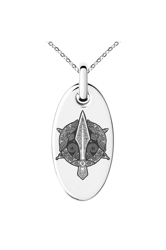 Stainless Steel Gungnir Odin's Spear Viking Norse Engraved Small Oval Charm Pendant Necklace