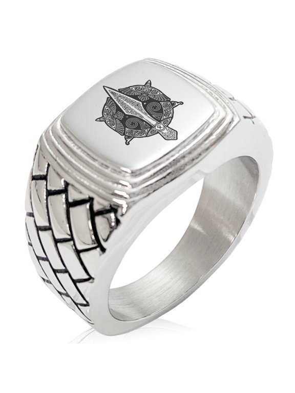 Stainless Steel Gungnir Odin's Spear Viking Norse Geometric Pattern Step-Down Biker Style Polished Ring