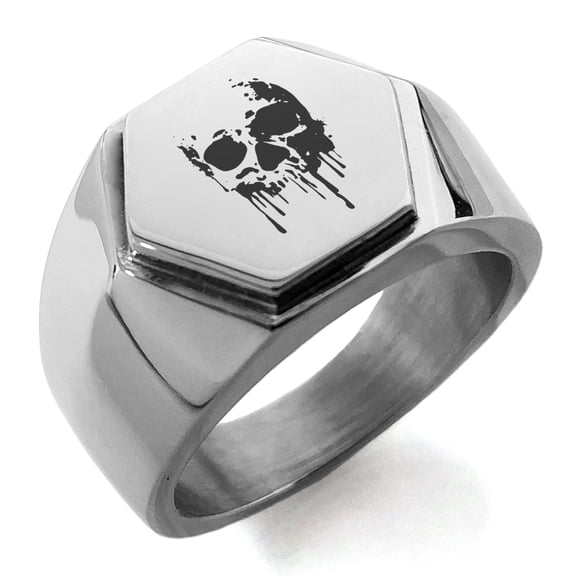 Stainless Steel Hades Greek God of Underworld Engraved Hexagon Crest Flat Top Biker Style Polished Ring
