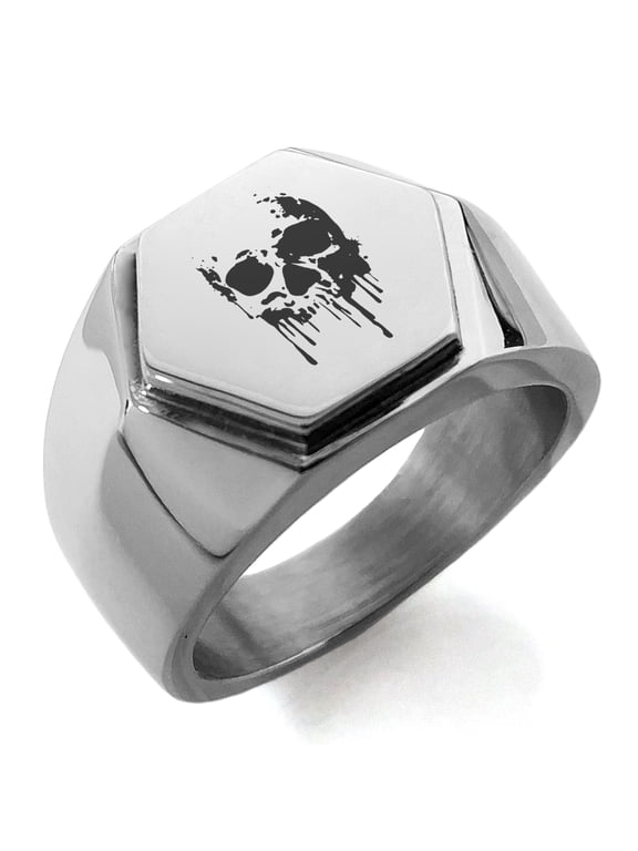 Stainless Steel Hades Greek God of Underworld Engraved Hexagon Crest Flat Top Biker Style Polished Ring