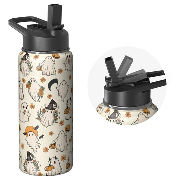 Stainless Steel Halloween Tumbler 18oz with Lid and Straw – Ghost Pumpkin Witch Design – Insulated Travel Cup for Coffee or Water – Holiday Gift for Her Him