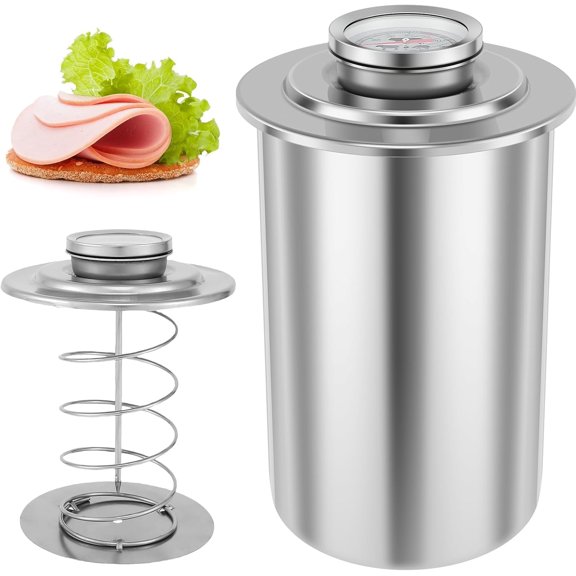 Stainless Steel Ham Maker with Thermometer, Meat Press Mold for Homemade Deli Lunch Meat, Kitchen Cooking Tool for Bacon, Beef