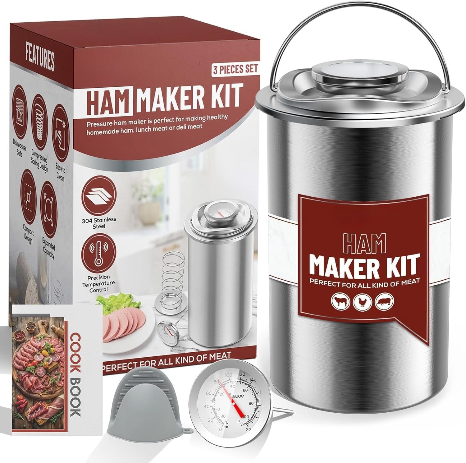 Stainless Steel Ham Press Mold for Deli Meats, Meat Press with Thermometer & Silicone Mittens, Homemade Luncheon Meat Maker, 2-2.5 lb Capacity, Gray