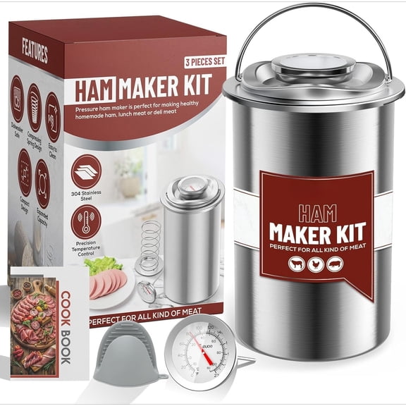 Stainless Steel Ham Press Mold for Deli Meats, Meat Press with Thermometer & Silicone Mittens, Homemade Luncheon Meat Maker, 2-2.5 lb Capacity, Gray