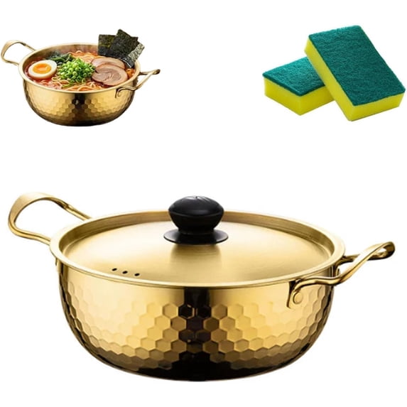 Stainless Steel Hammered Pot, Deep Cooking Pot with Lid and Dual Handles for Soup, Noodles, Stew and Daily Kitchen Cooking (Gold 7.1in)