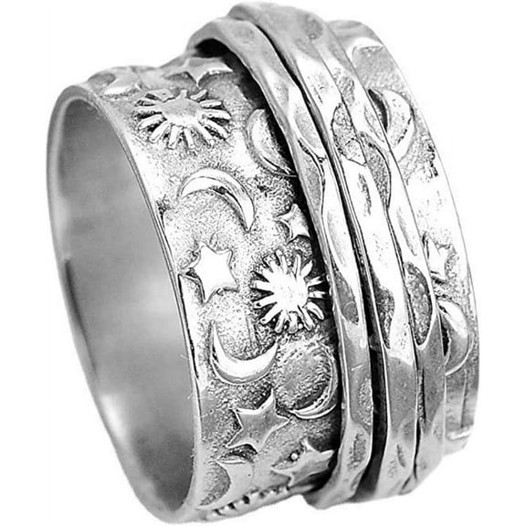 Stainless Steel Hammered Sun Moon Star Rotating Spinner Statement Band Ring