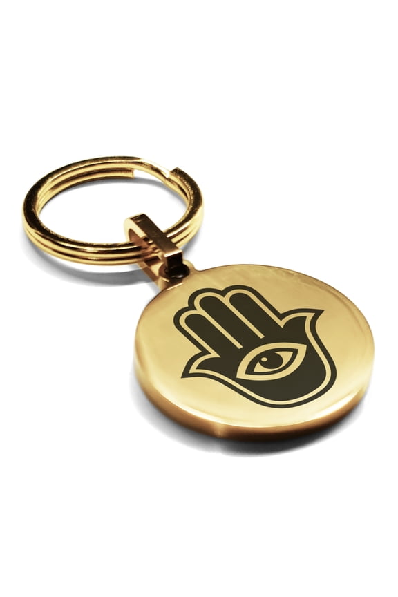 Stainless Steel Hamsa Good Luck Charm Round Medallion Keychain Circle Ring