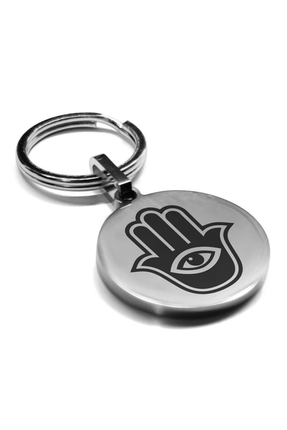 Stainless Steel Hamsa Good Luck Charm Round Medallion Keychain Circle Ring