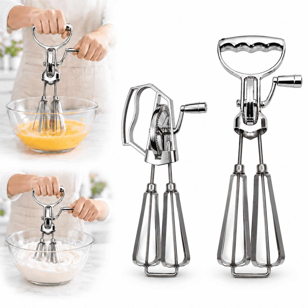 Stainless Steel Hand Mixer Non-Electric, Manual Crank Rotary Egg Beater ...