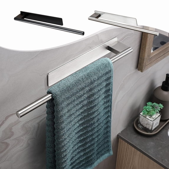 Stainless Steel Hand Towel Bar for Bathroom - Brushed Finish, Wall Mount, No Drilling, 15-Inch Stick-On Towel Rack for Kitchen, Bedroom, RV