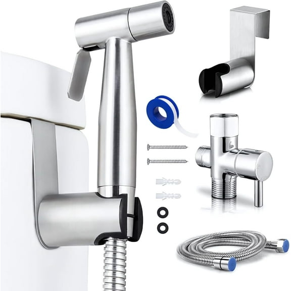 Stainless Steel Handheld Bidet Sprayer Kit, Toilet Mount Water Sprayer with Adjustable Pressure, Multi-Use Spray for Home Cleaning, Pet Bathing