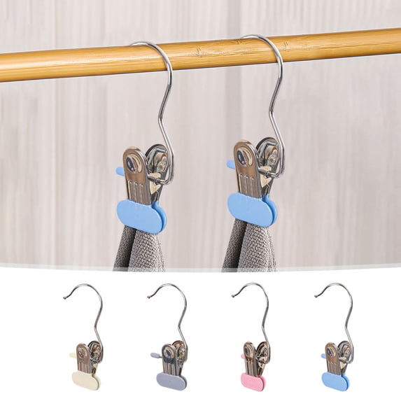 Stainless Steel Hanging Clips with Rotating Hook, Anti-rust Laundry Clothes Pins for Pants Hats Towels, Space-saving Rubber Grip Closet Organizer and Drying Rack Accessory, Topliu