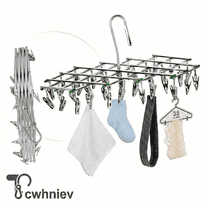 Tcwhniev Stainless Steel Sock Drying Rack with 35 Clips, Swivel Hook Wind-Proof Clothes Hanger Rack for Sock, Bras, Underwear, Laundry Accessories