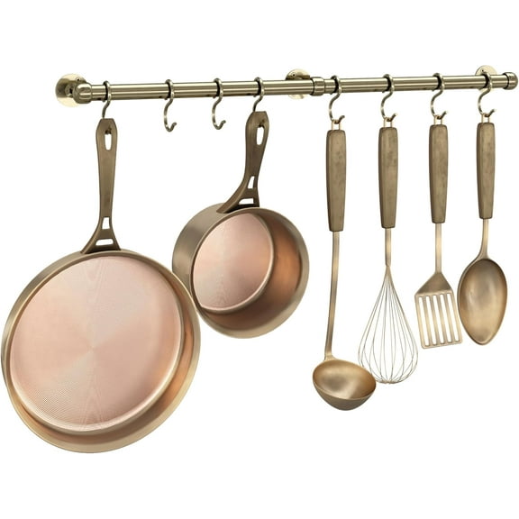 Stainless Steel Hanging Pot Rack Hanger: 23.7 Inch Pot and Pan Hanger Wall Mounted Hanging Pot Bar Rack Heavy Duty Pot Hangers Kitchen Rail with 8 S Hooks (Antique Brass)