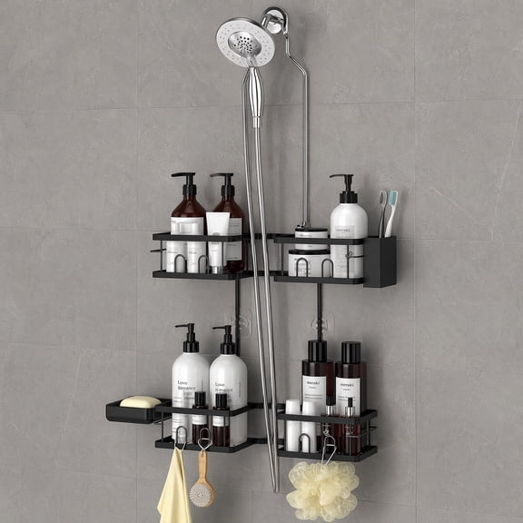 Stainless Steel Hanging Shower Caddy for Handheld Shower Heads,Adjustable Height Extra Long Bathroom Shower Organizer Hanger Rack with Hooks,Soap Holder