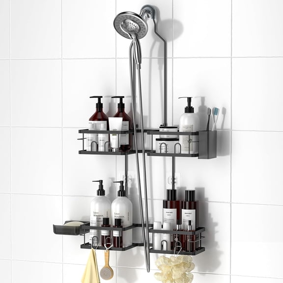 Stainless Steel Hanging Shower Caddy for Handheld Shower Heads,Adjustable Height Extra Long Bathroom Shower Organizer Hanger Rack with Hooks,Soap Holder