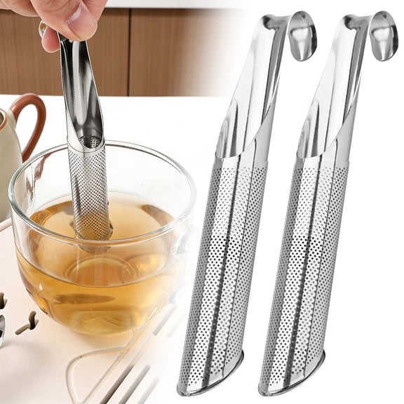 Stainless Steel Hanging Tea Infuser Stick, 2-Pack Fine Mesh Loose Leaf Tea Filter with Curved Handle, Reusable, Rust-Proof, Silver, By VINOIC